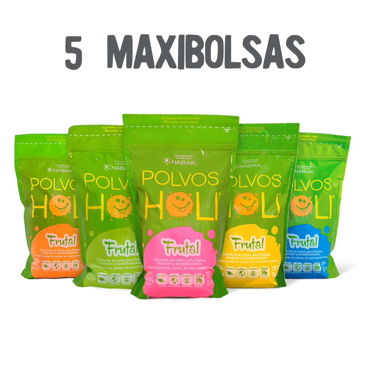 Para Festejar - Paquete 5 Maxibolsas 650 g Polvos Holi Frutal