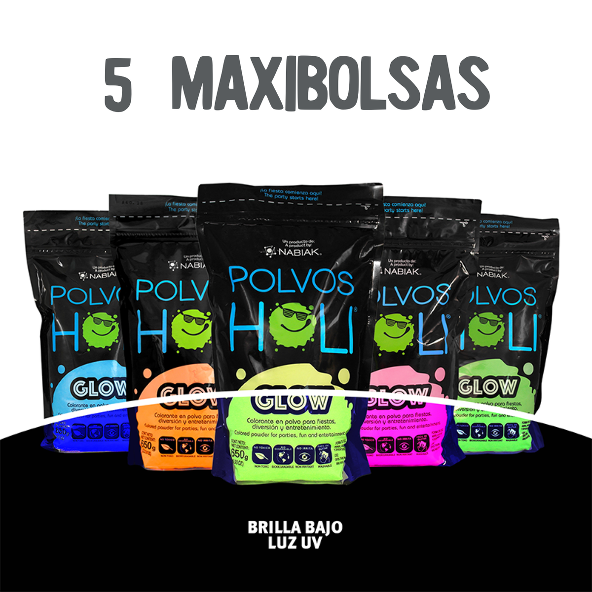 Para Festejar - Paquete 5 Maxibolsas 650 g Polvos Holi Glow