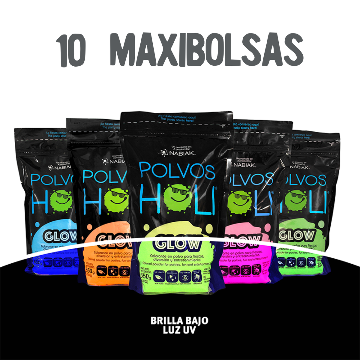 Paquete 10 Maxibolsas 650 g Polvos Holi Glow en 5 colores fluorescentes