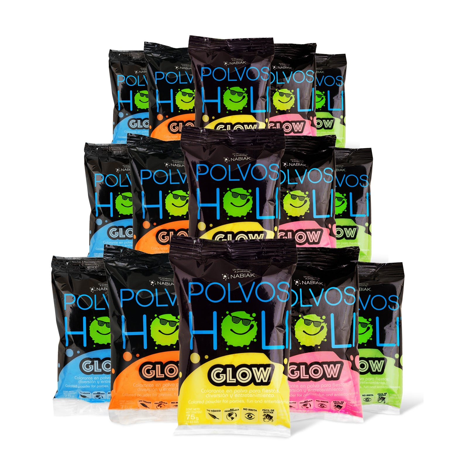 Para Sonreír - Paquete 15 bolsas Polvos Holi 75 g en 5 colores fluorescentes