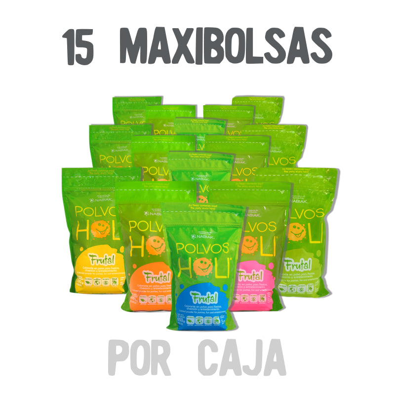 Paquete 15 maxibolsas 650 g Polvos Holi Frutal en 5 colores