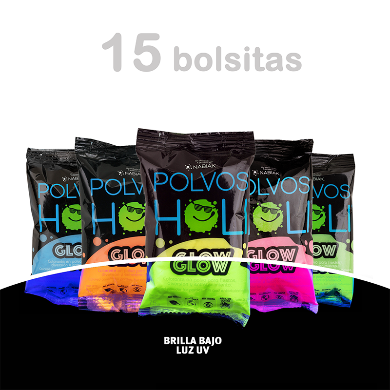 Para Sonreír - Paquete 15 bolsas Polvos Holi 75 g en 5 colores fluorescentes