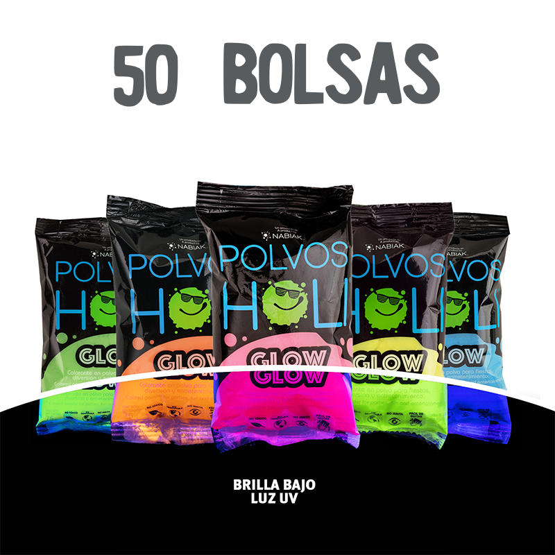 Para Disfrutar - Paquete 50 bolsas Polvos Holi Glow 75 g en 5 colores fluorescentes