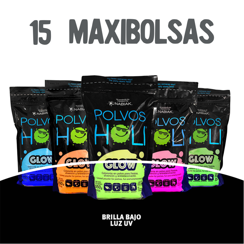 Paquete 15 maxibolsas 650 g Polvos Holi Glow en 5 colores fluorescentes