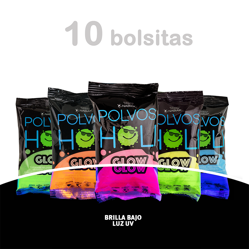 Para Probar - Paquete 10 bolsas Polvos Holi 75 g en 5 colores fluorescentes