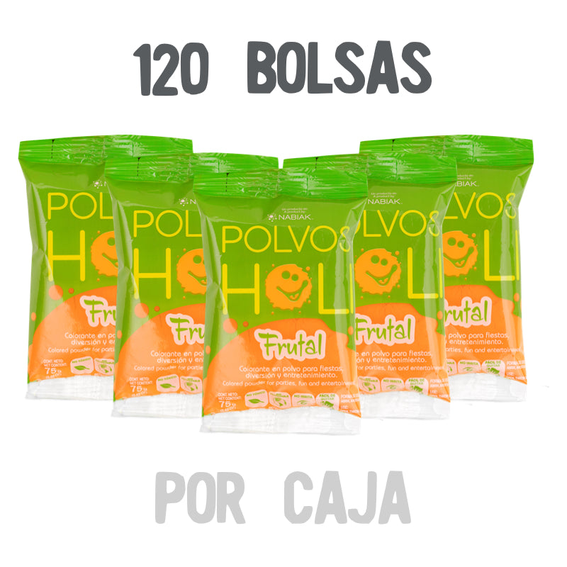 Bolsa 75 g Polvos Holi Frutal Caja 120 piezas Naranja Durazno