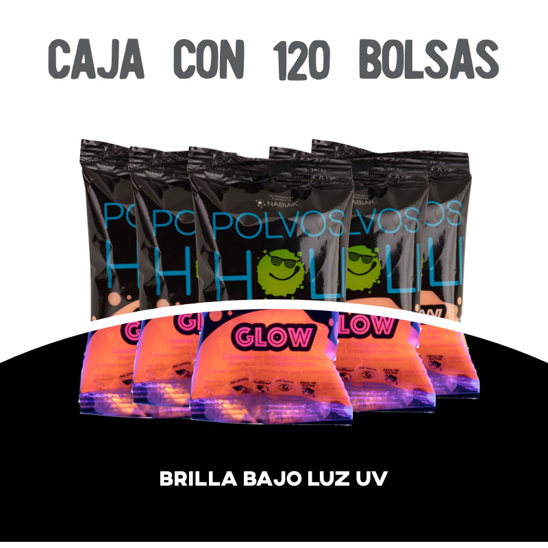 Bolsa 75 g Polvos Holi Glow Caja 120 piezas Naranja Fluorescente