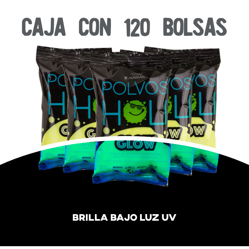 Bolsa 75 g Polvos Holi Glow Caja 120 piezas Amarillo Fluorescente