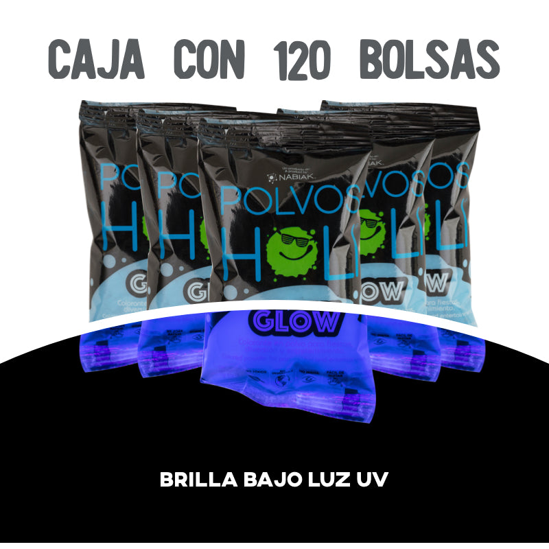 Bolsa 75 g Polvos Holi Glow Caja 120 piezas Azul Fluorescente