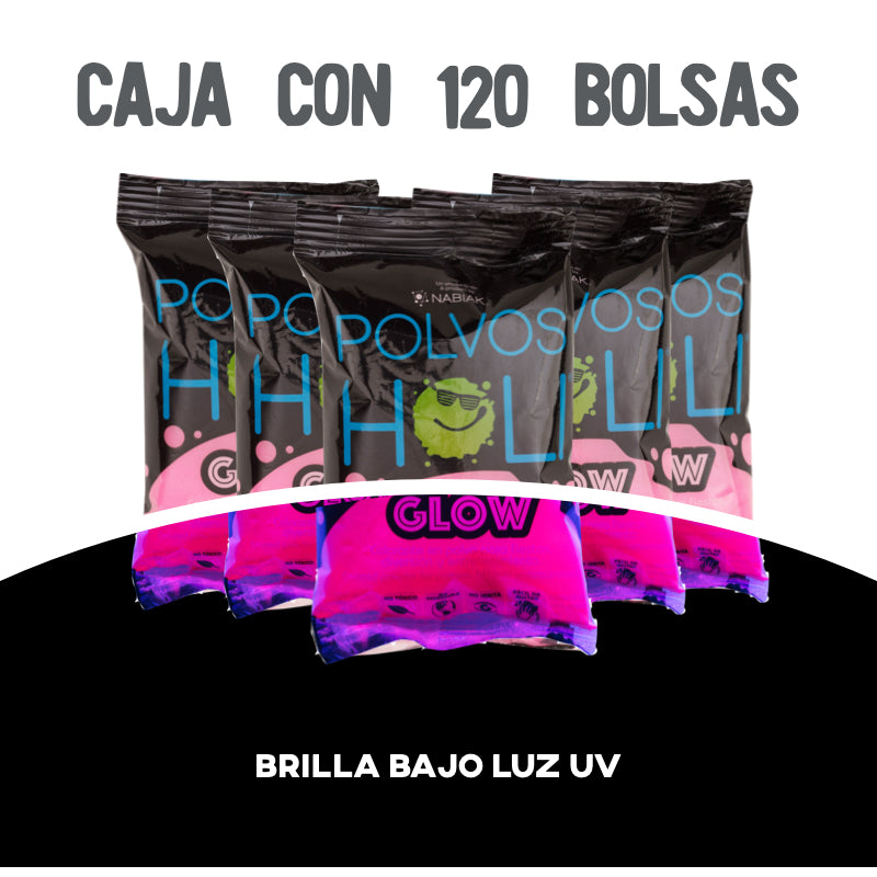 Bolsa 75 g Polvos Holi Glow Caja 120 piezas Rosa Fluorescente