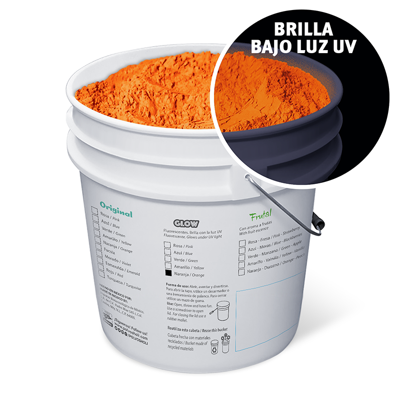 Cubeta de 5 kg Polvos Holi Glow - Naranja Fluorescente