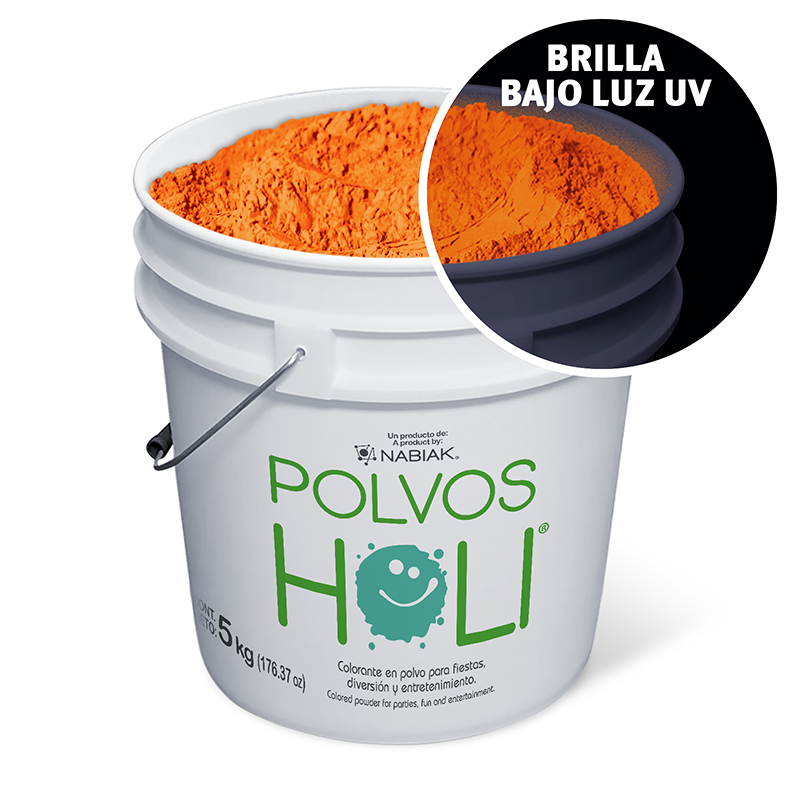 Cubeta de 5 kg Polvos Holi Glow - Naranja Fluorescente