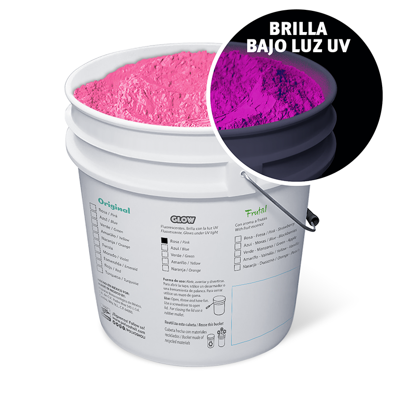 Cubeta de 5 kg Polvos Holi Glow - Rosa Fluorescente