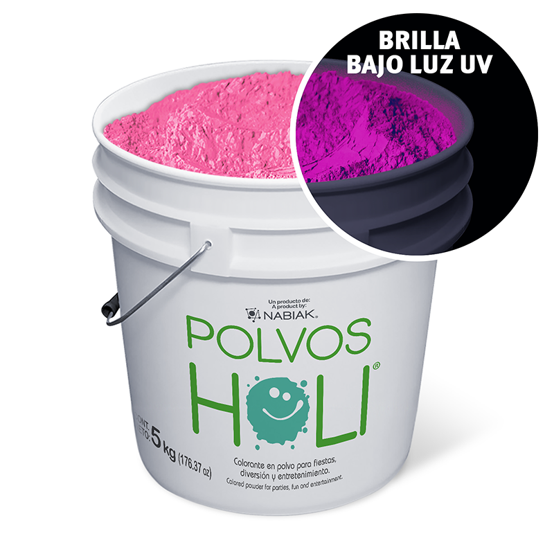 Cubeta de 5 kg Polvos Holi Glow - Rosa Fluorescente