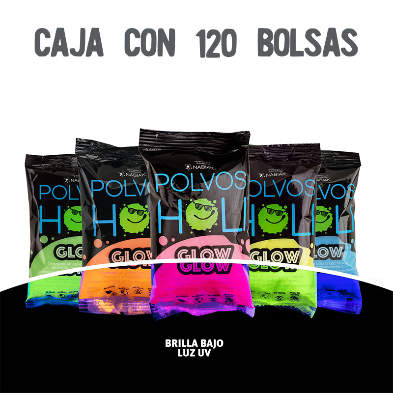 Bolsa 75 g Polvos Holi Glow Caja 120 piezas Mixto 5 colores