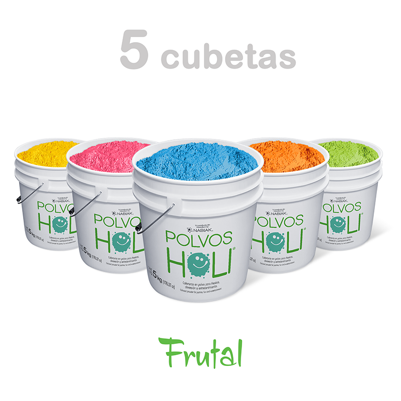 Paquete 5 cubetas de 5 kg Polvos Holi Frutal en 5 colores