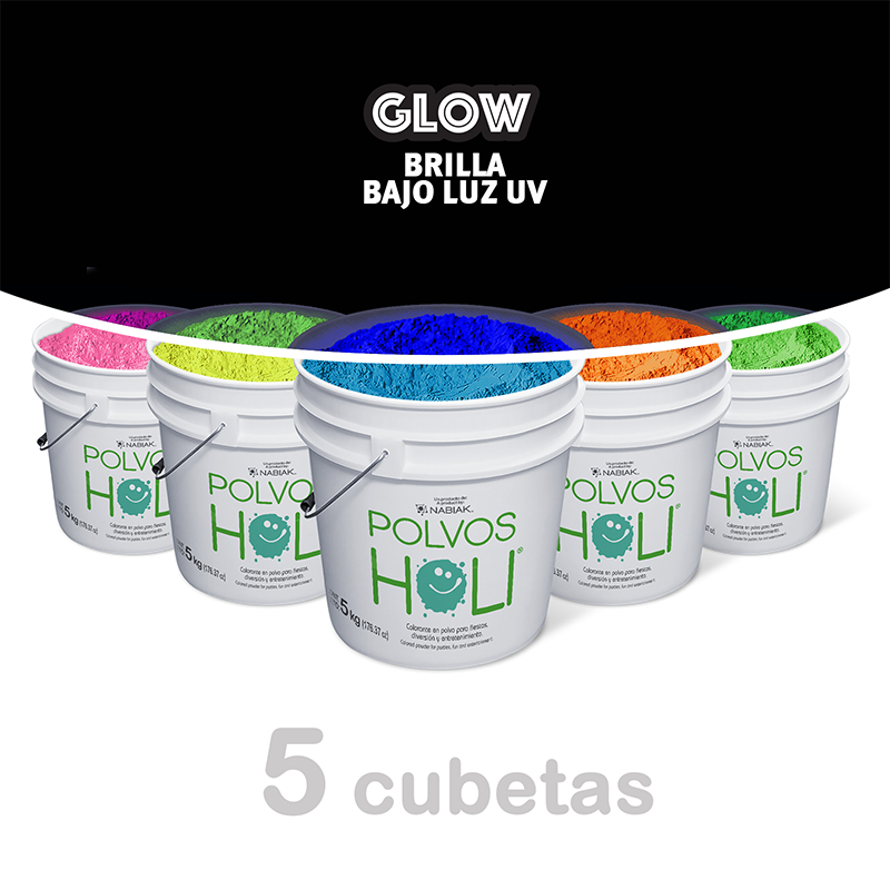 Paquete 5 cubetas de 5 kg Polvos Holi Glow en 5 colores
