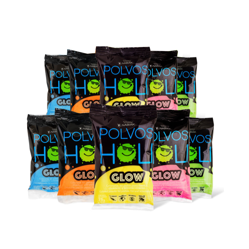 Para Probar - Paquete 10 bolsas Polvos Holi 75 g en 5 colores fluorescentes