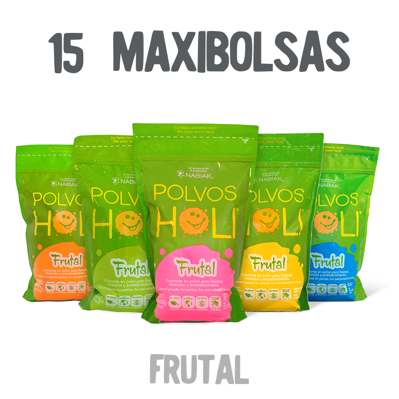 Paquete 15 maxibolsas 650 g Polvos Holi Frutal en 5 colores